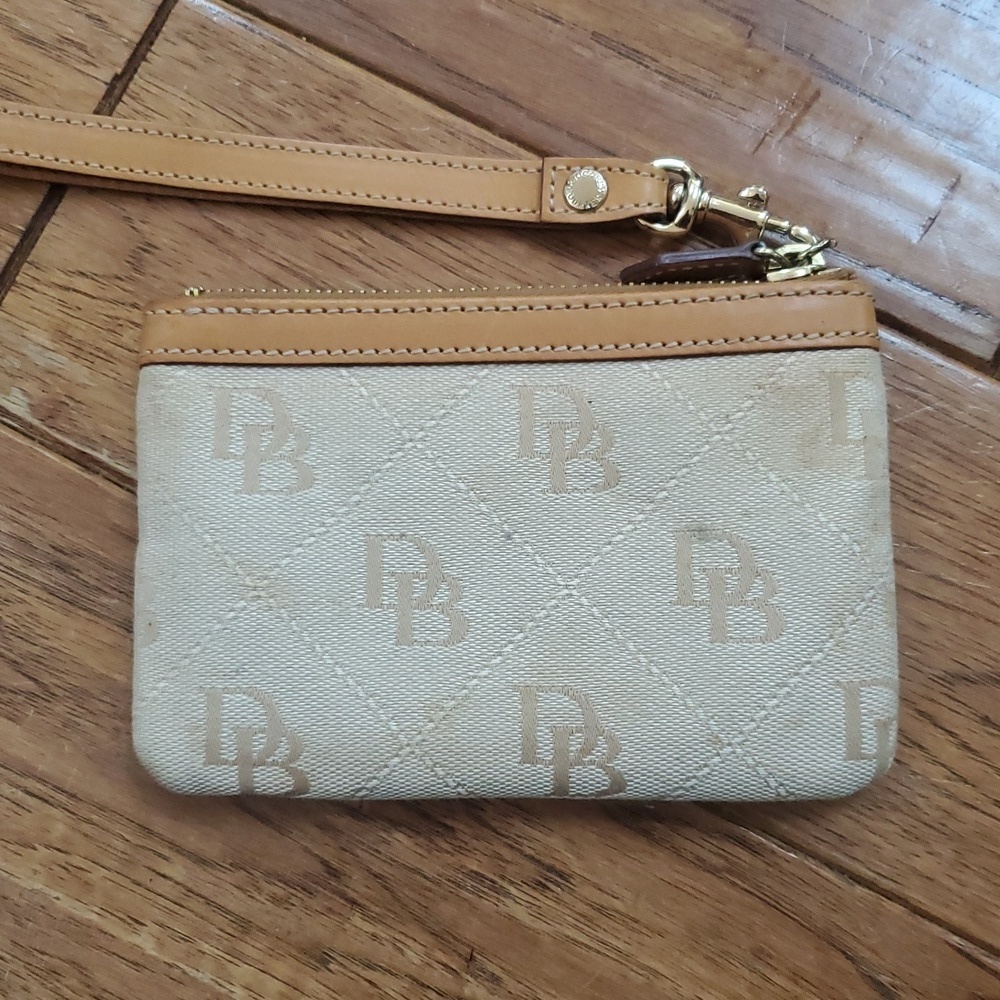 Dooney & Bourke Monogrammed Beige and Tan Wristlet